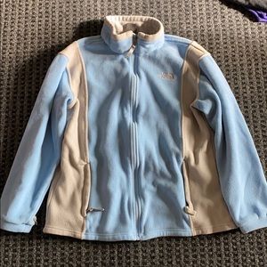 blue and grey north face jacket